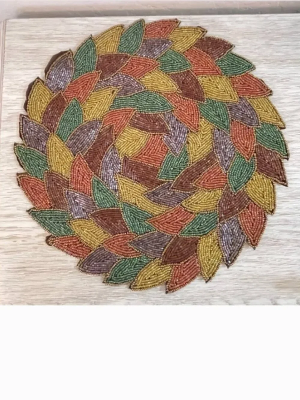 Placemat Fall Multi Colors Beaded Round Leaf Pattern